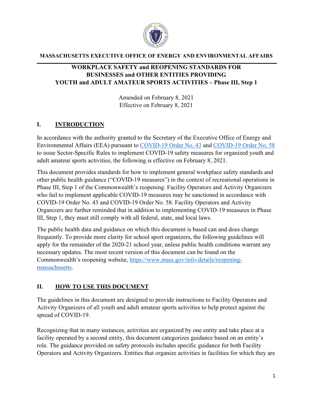 REOPENING STANDARDS for BUSINESSES and OTHER ENTITIES PROVIDING YOUTH and ADULT AMATEUR SPORTS ACTIVITIES – Phase III, Step 1