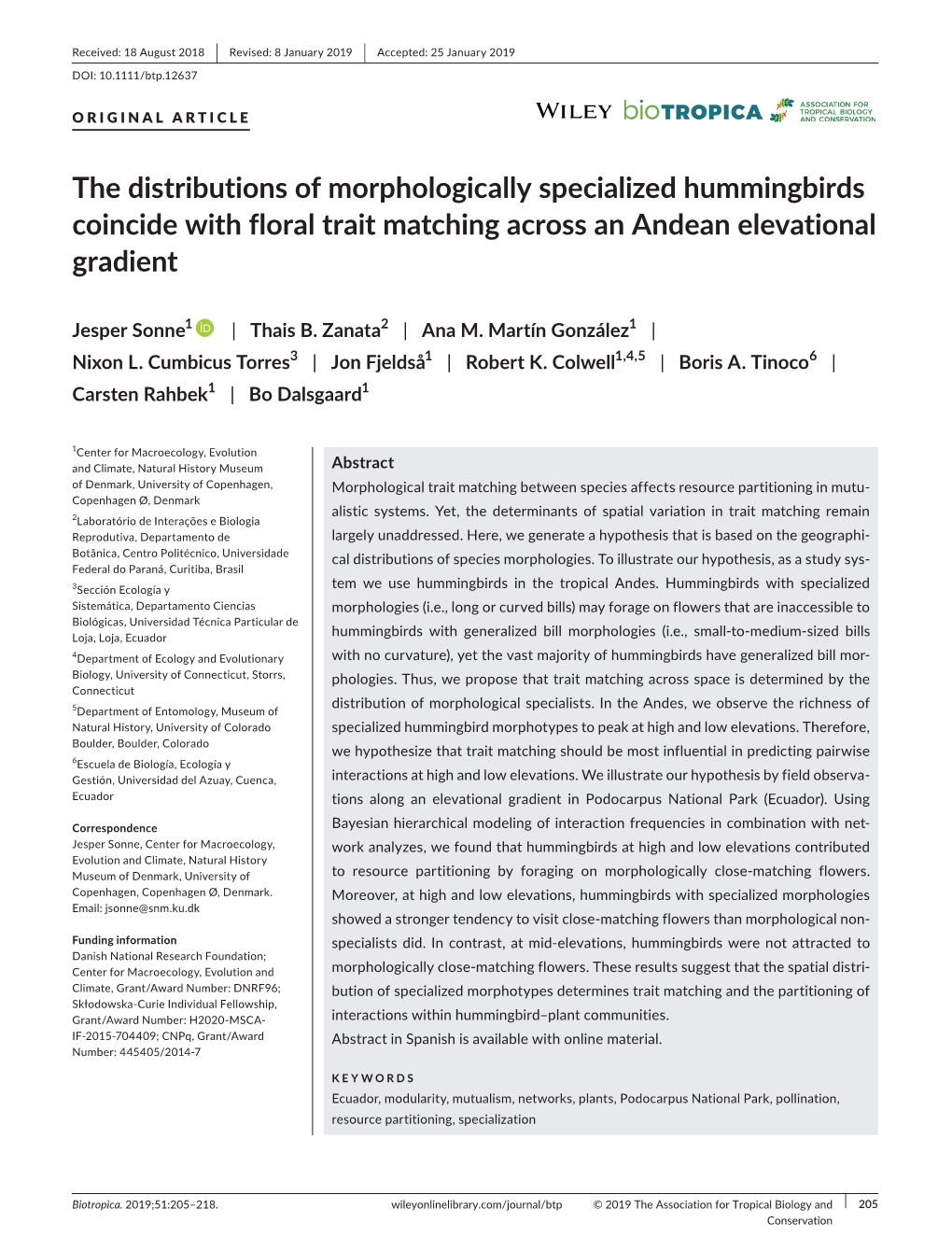 The Distributions of Morphologically Specialized Hummingbirds Coincide with Floral Trait Matching Across an Andean Elevational Gradient