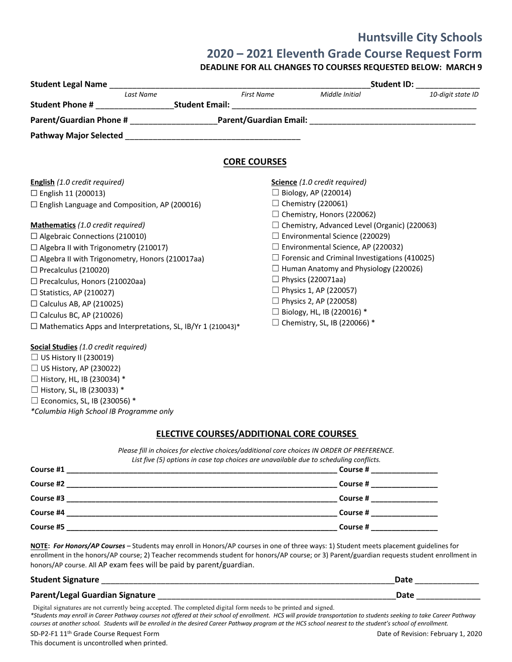 Eleventh Grade Course Request Form 2020-2021.Pdf