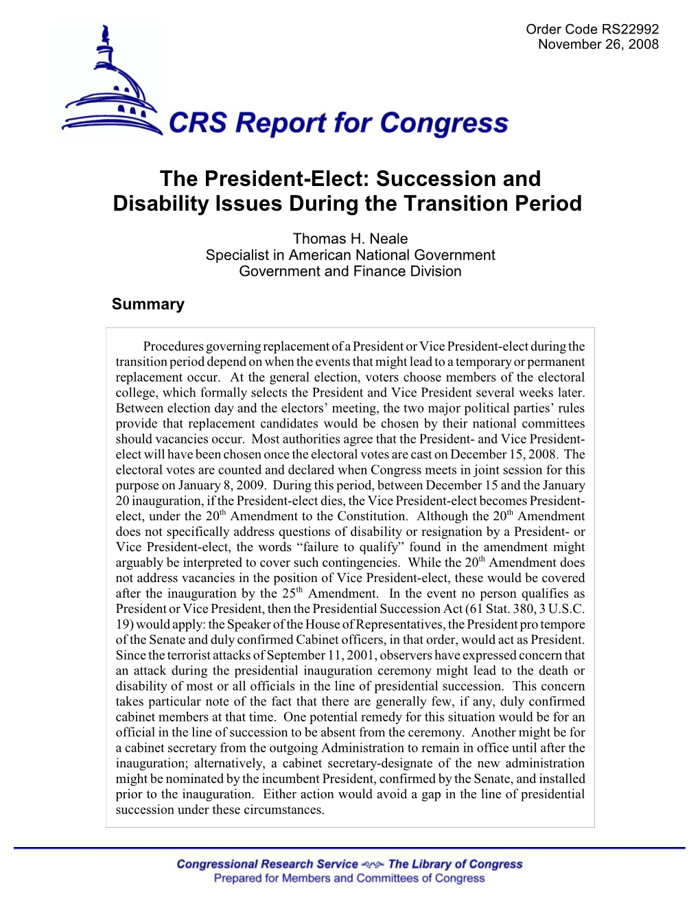 The President-Elect: Succession and Disability Issues During the Transition Period