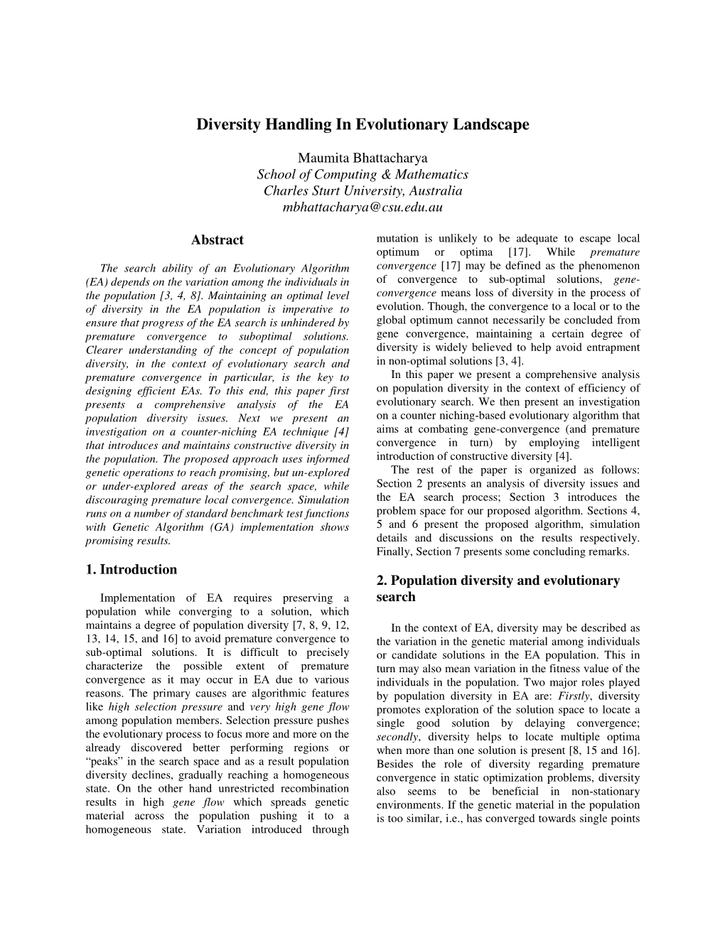 Diversity Handling in Evolutionary Landscape