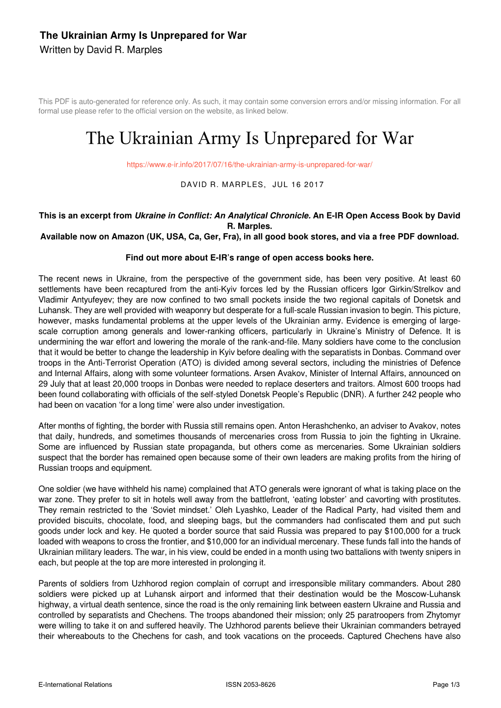 The Ukrainian Army Is Unprepared for War Written by David R