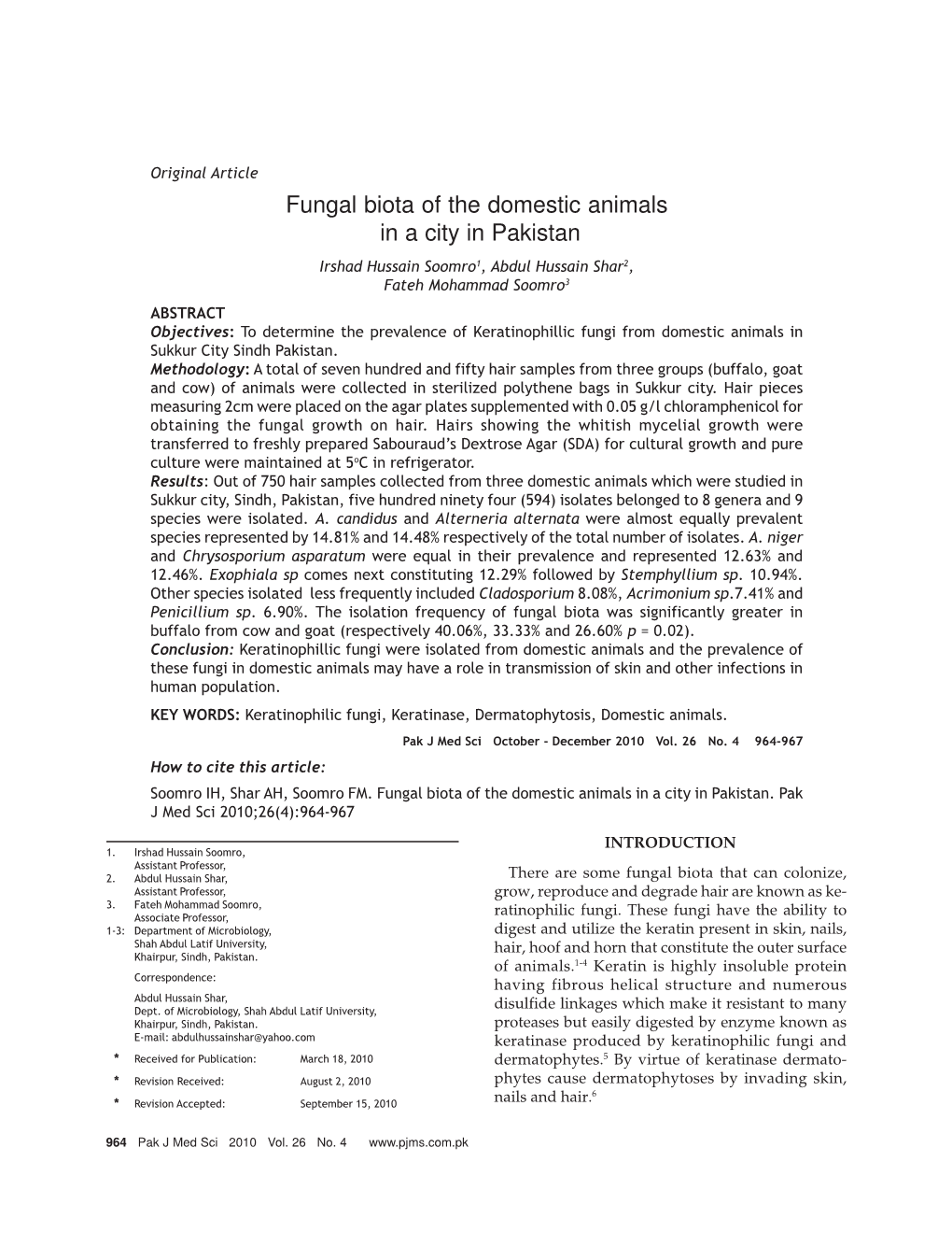 Fungal Biota of the Domestic Animals in a City in Pakistan