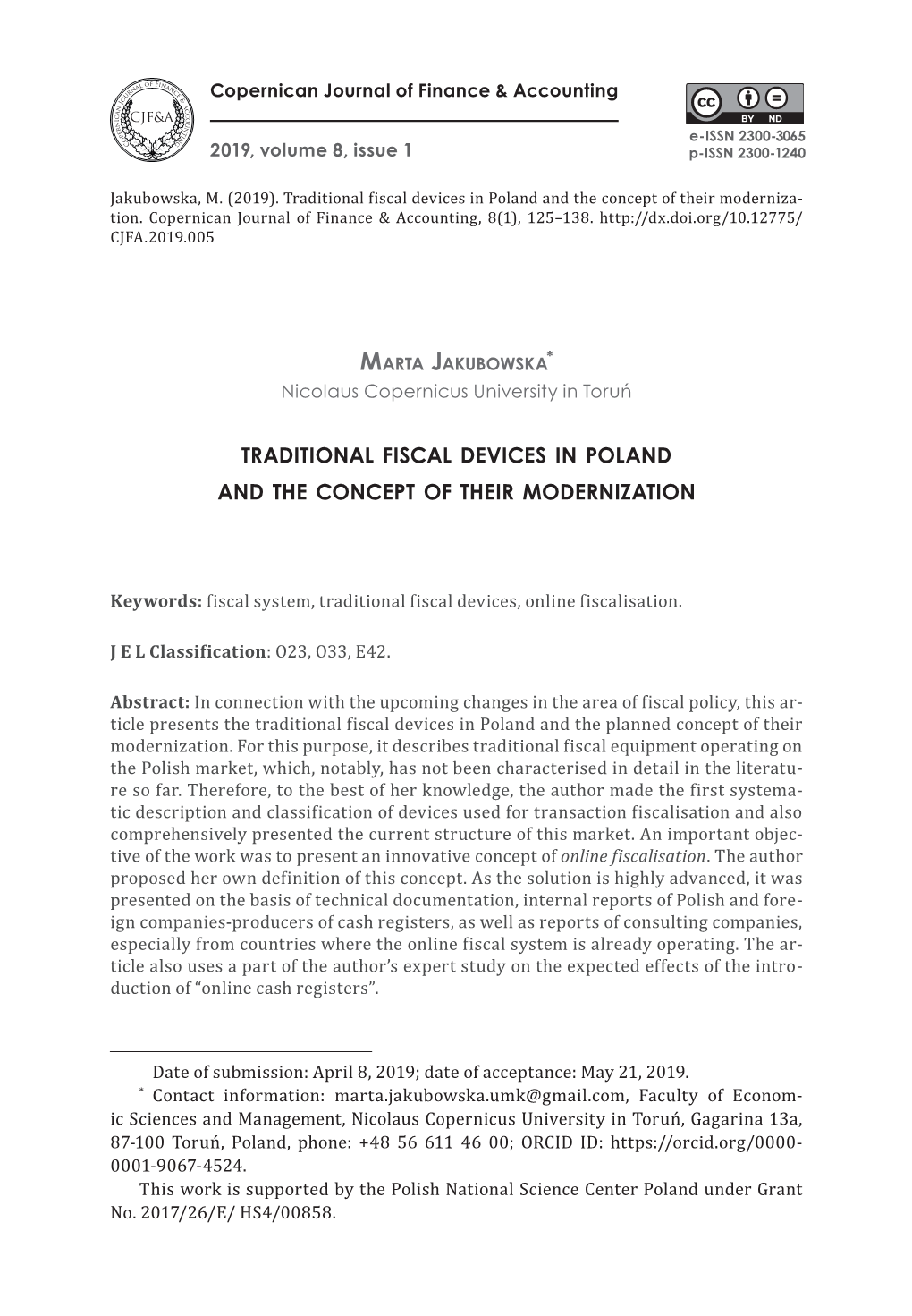 Traditional Fiscal Devices in Poland and the Concept of Their Modernization