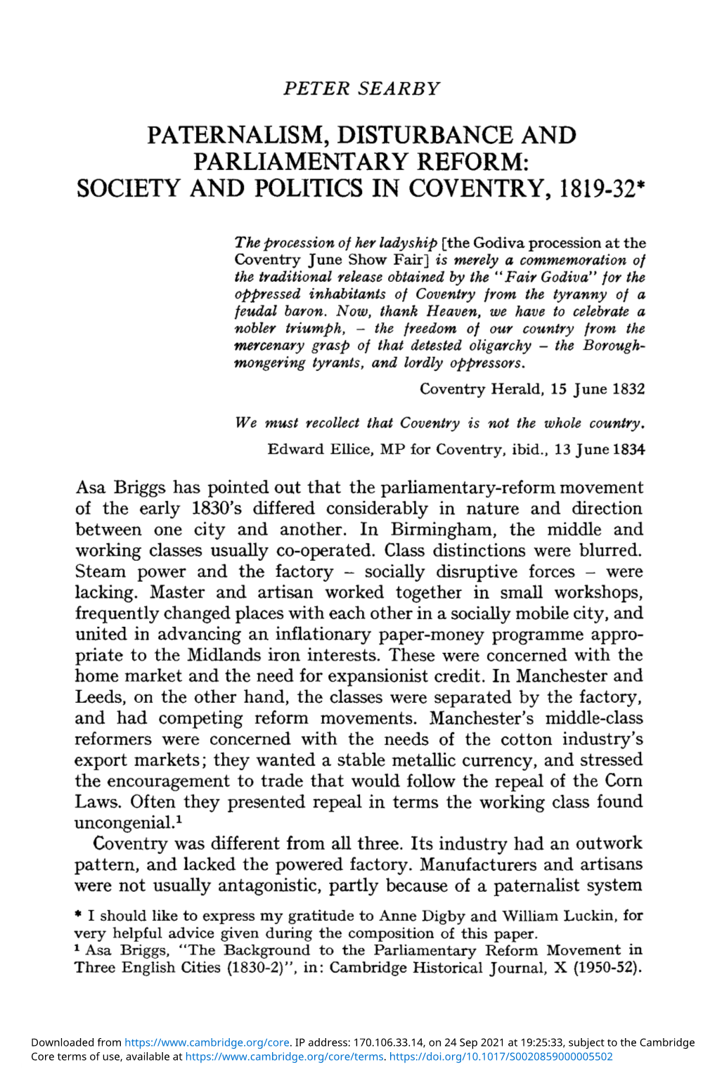 Society and Politics in Coventry, 1819–32