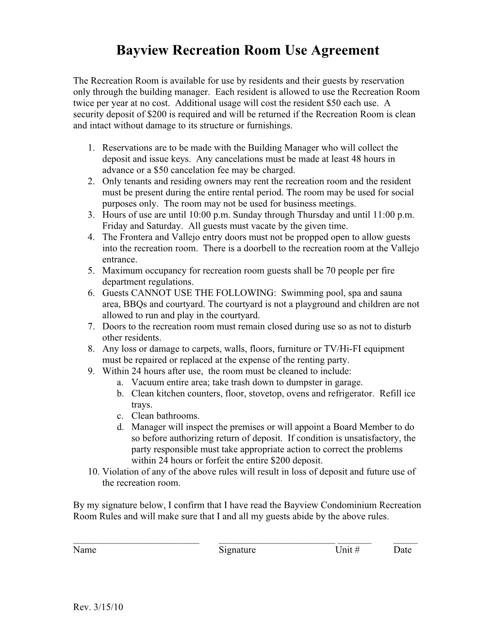 Bayview Recreation Room Use Agreement