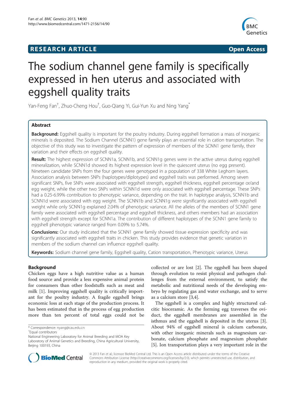 The Sodium Channel Gene Family Is Specifically Expressed in Hen Uterus