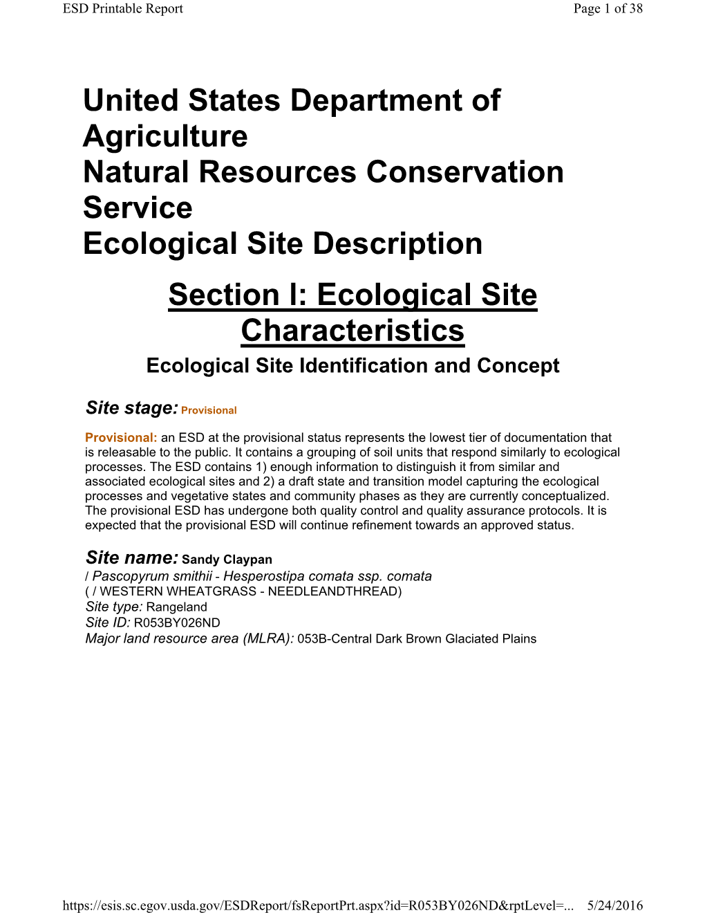 Ecological Site Description Section L: Ecological Site Characteristics Ecological Site Identification and Concept