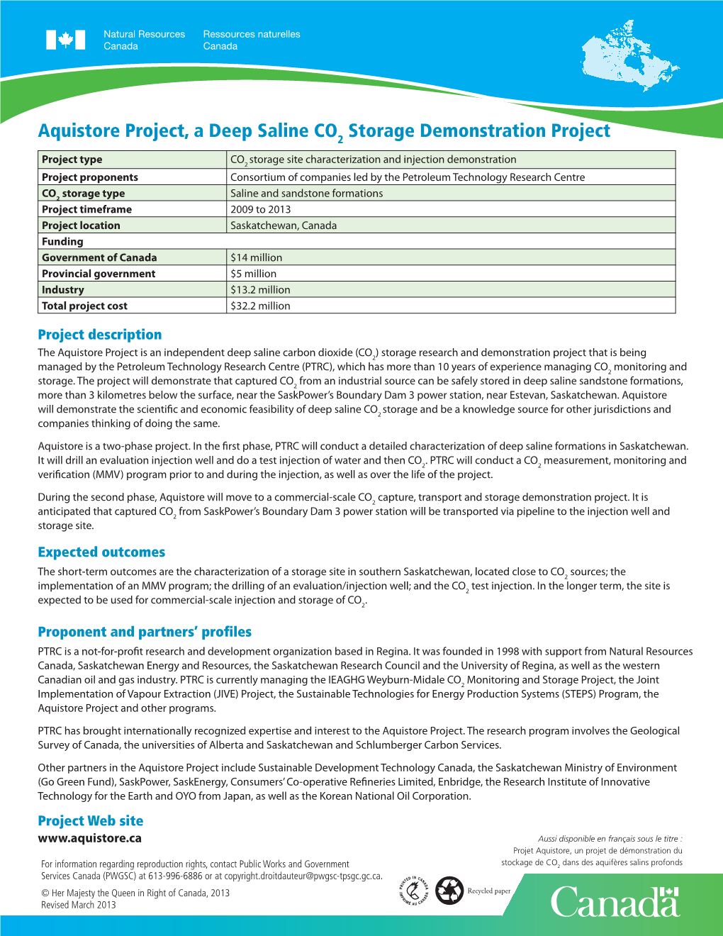 Aquistore Project, a Deep Saline CO2 Storage Demonstration Project