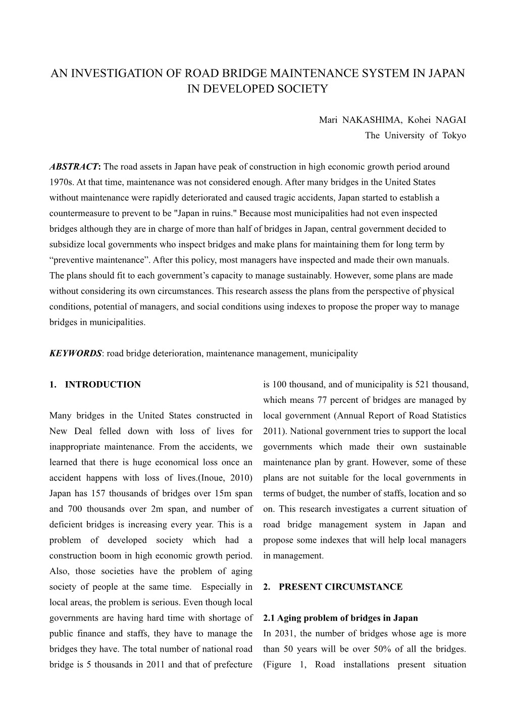 An Investigation of Road Bridge Maintenance System in Japan in Developed Society