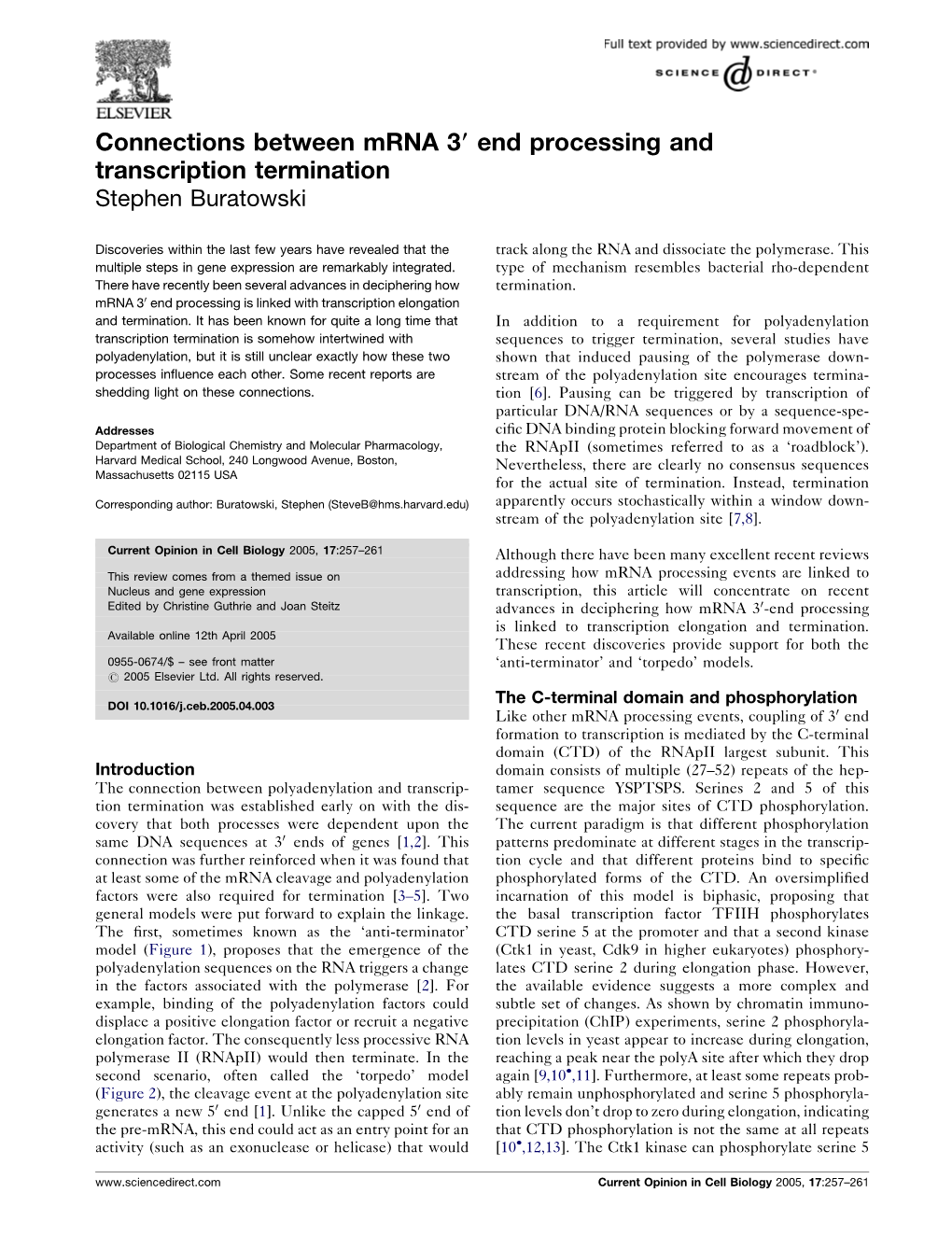 Connections Between Mrna 3( End Processing and Transcription Termination Stephen Buratowski