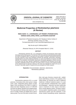 Medicinal Properties of Nardostachys Jatamansi (A Review)