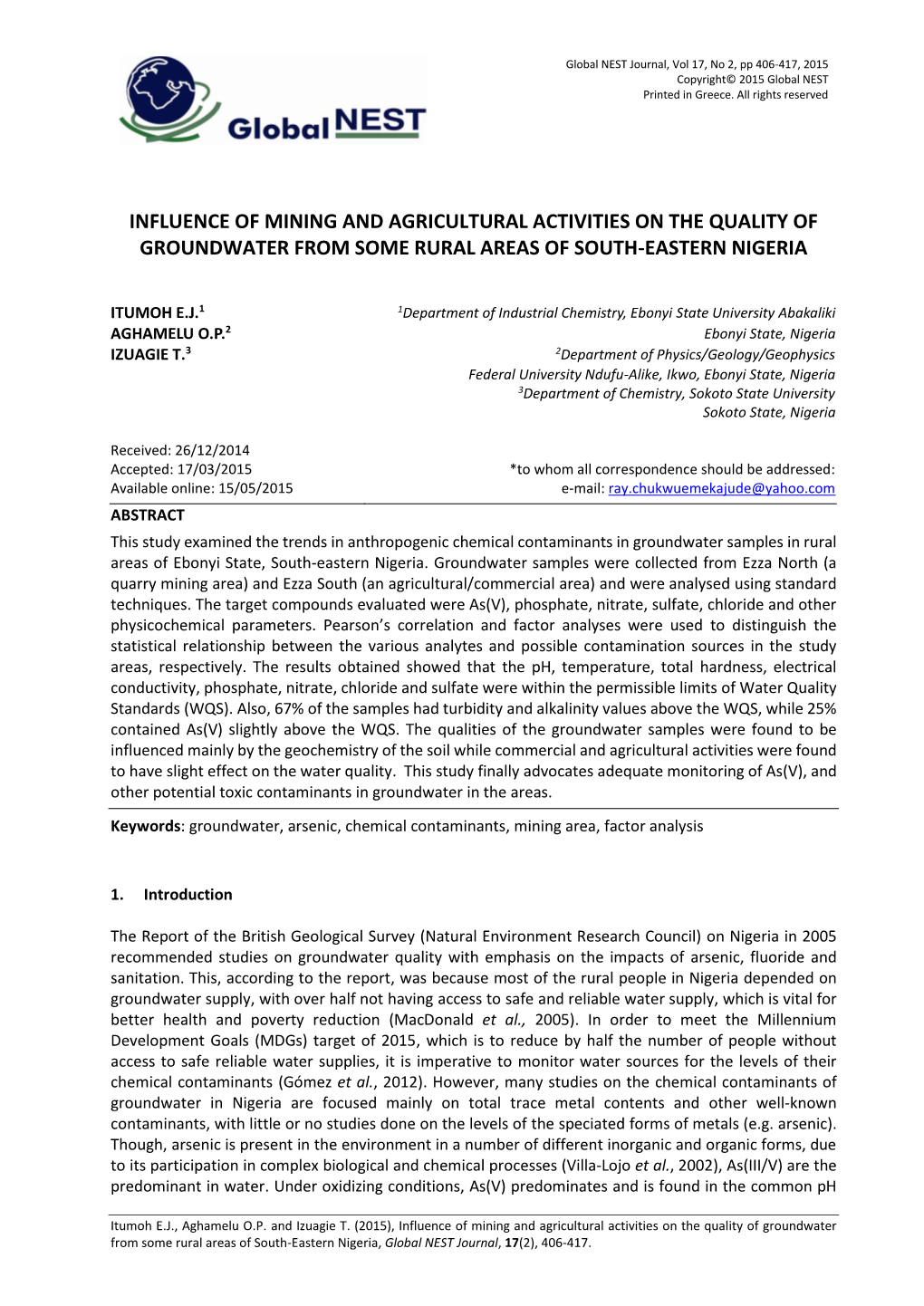 Influence of Mining and Agricultural Activities on the Quality of Groundwater from Some Rural Areas of South-Eastern Nigeria