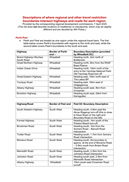 Descriptions of Where Regional and Other Travel Restriction Boundaries Intersect Highways and Roads for Each Region