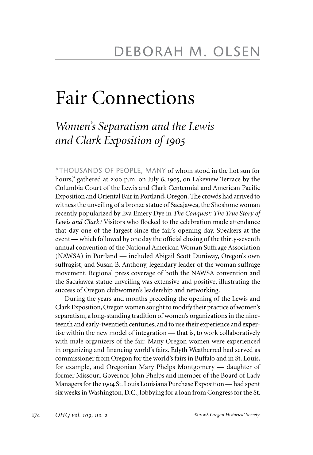 Fair Connections Women’S Separatism and the Lewis and Clark Exposition of 1905