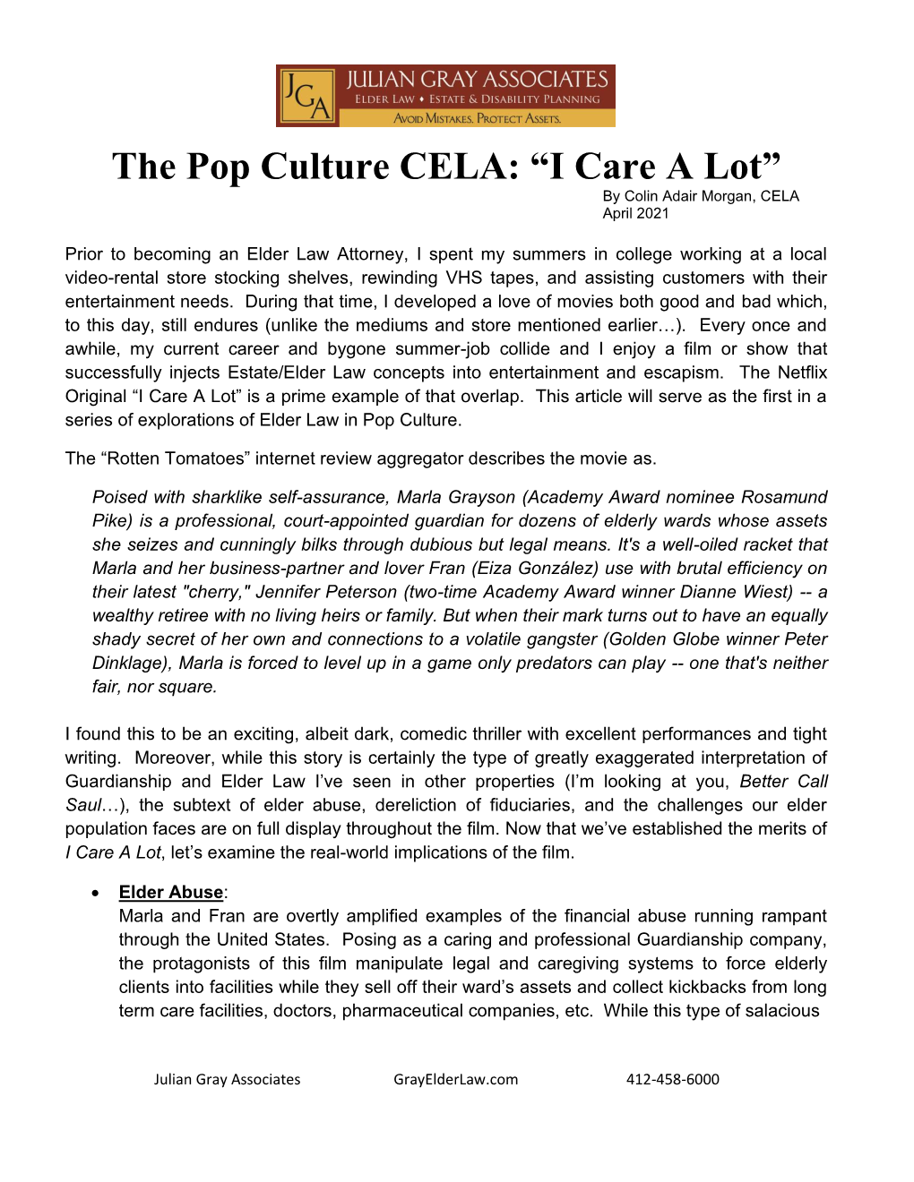 The Pop Culture CELA: “I Care a Lot” by Colin Adair Morgan, CELA April 2021