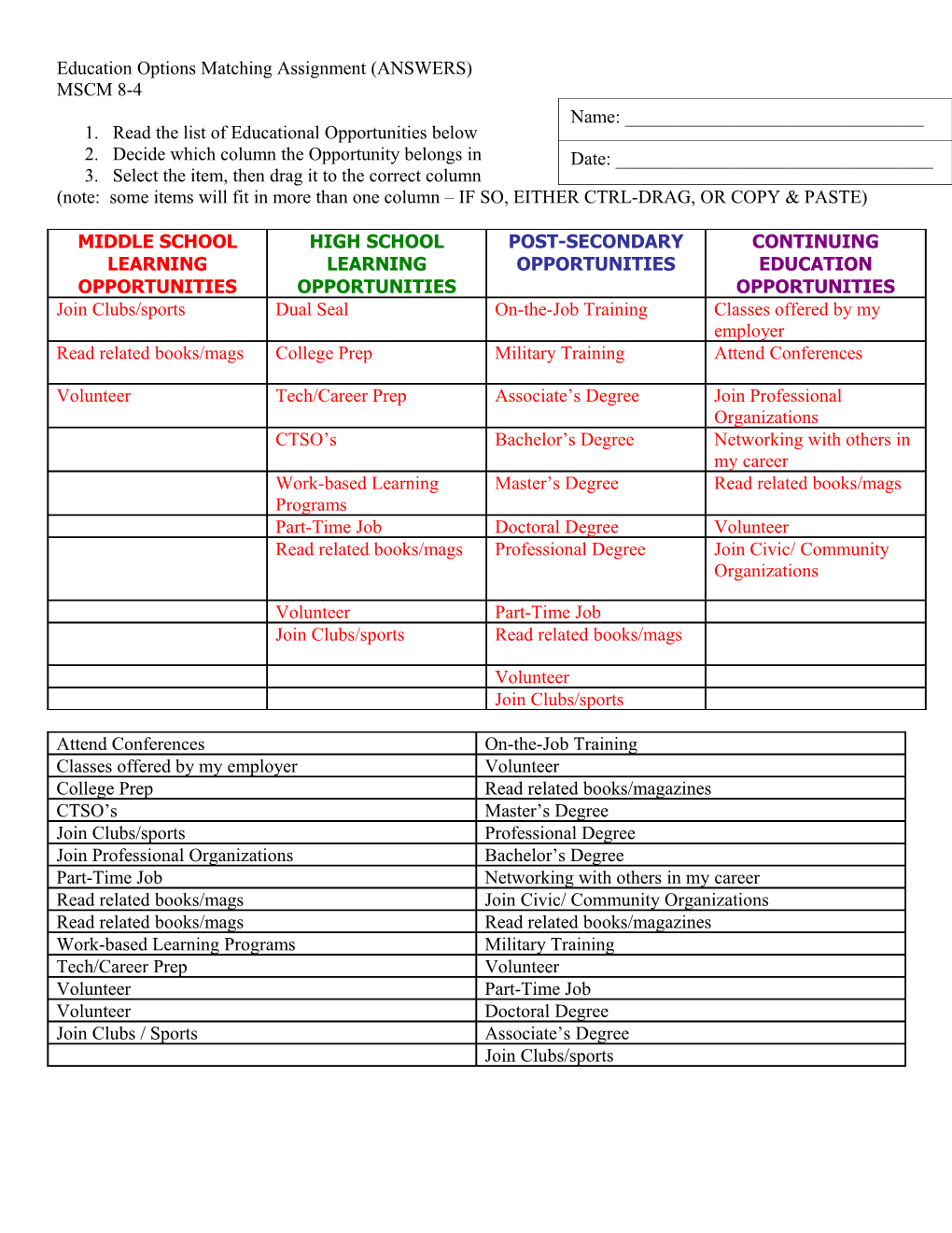 Education Options Matching Assignment (ANSWERS)