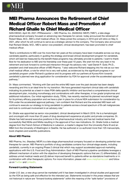 MEI Pharma Announces the Retirement of Chief Medical Officer
