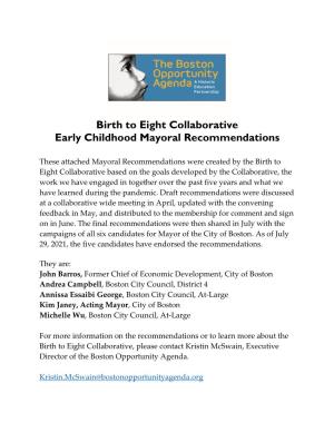 Birth to Eight Collaborative Early Childhood Mayoral Recommendations
