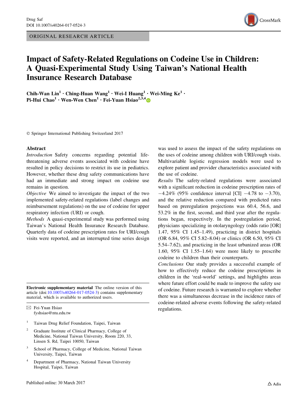 Impact of Safety-Related Regulations on Codeine Use in Children: a Quasi-Experimental Study Using Taiwan’S National Health Insurance Research Database