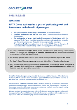 RATP Group 2018 Results: a Year of Profitable Growth and Investments to the Benefit of Passengers