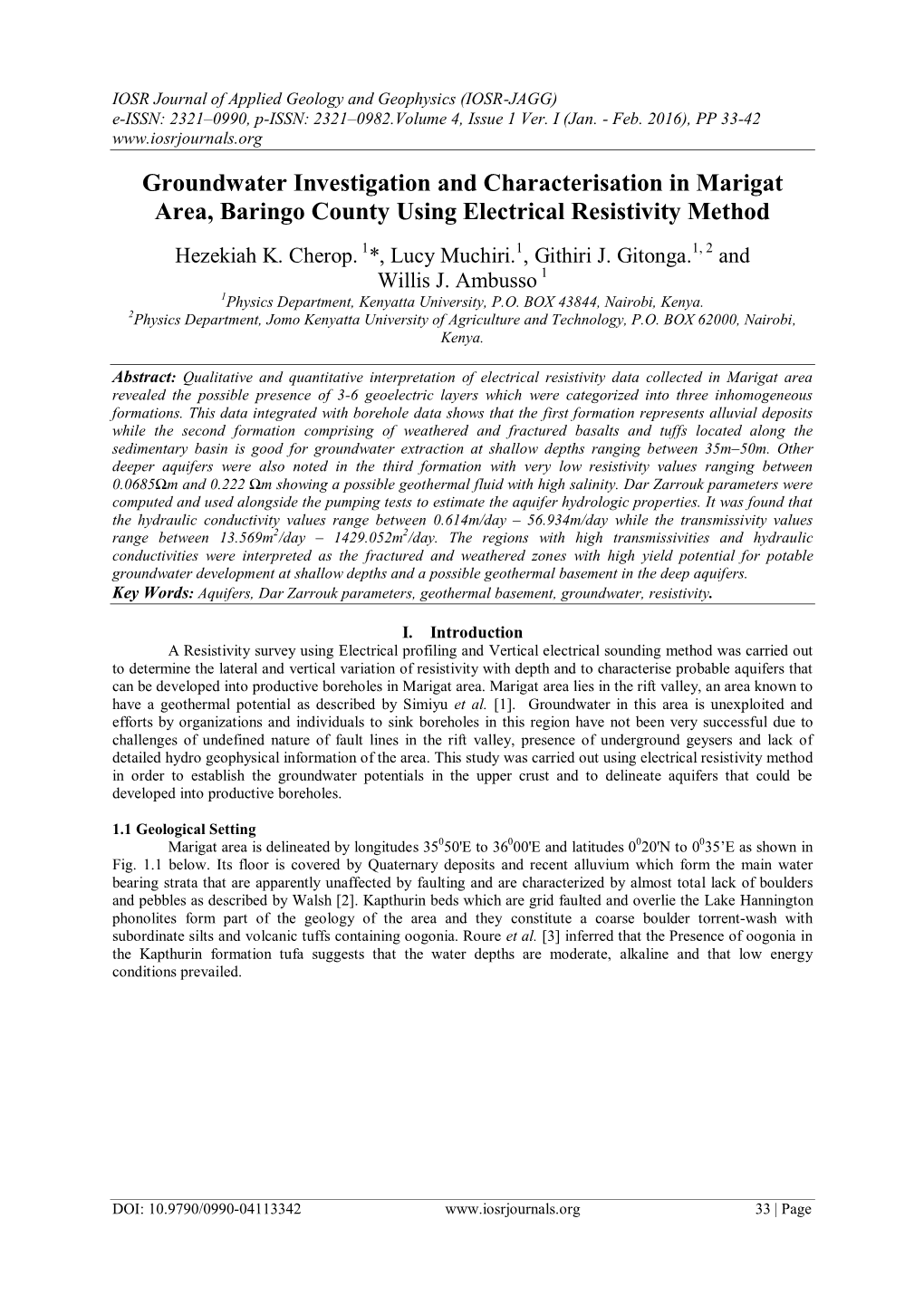 Groundwater Investigation and Characterisation in Marigat Area, Baringo County Using Electrical Resistivity Method