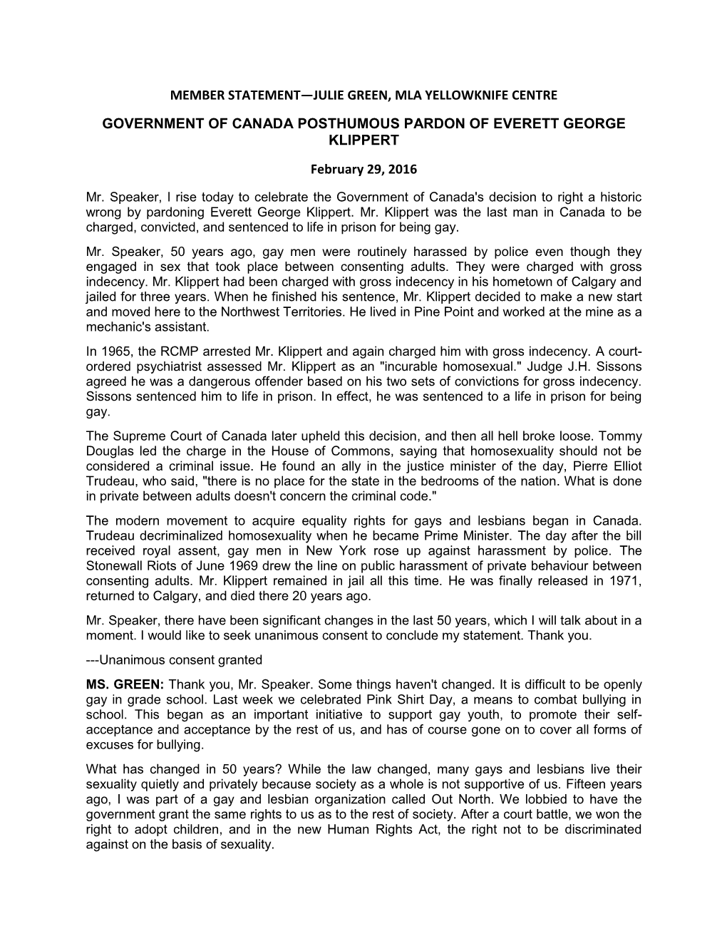 Member Statement—Julie Green, Mla Yellowknife Centre Government of Canada Posthumous Pardon of Everett George Klippert