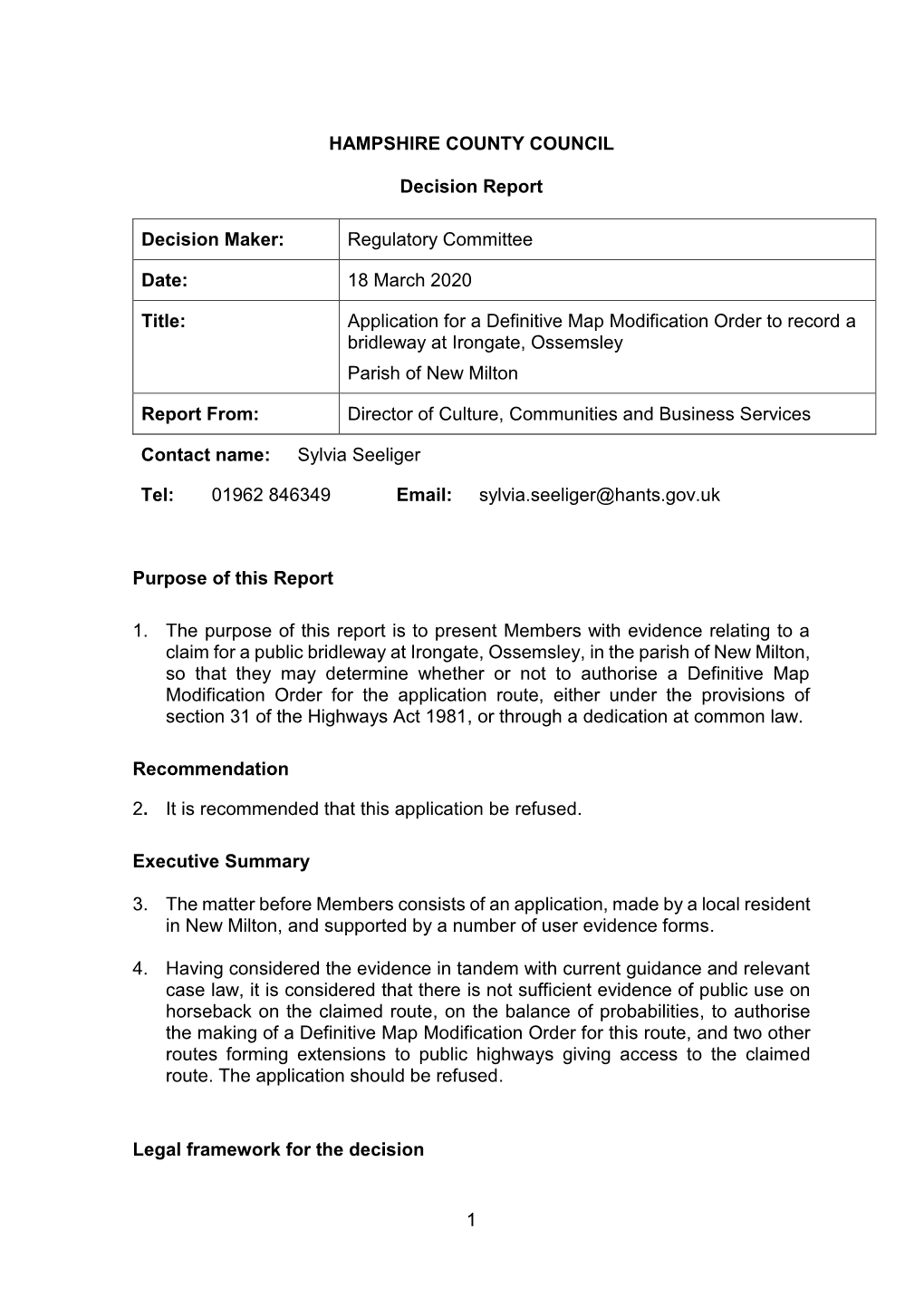 Application for a Definitive Map Modification Order to Record a Bridleway at Irongate, Ossemsley Parish of New Milton