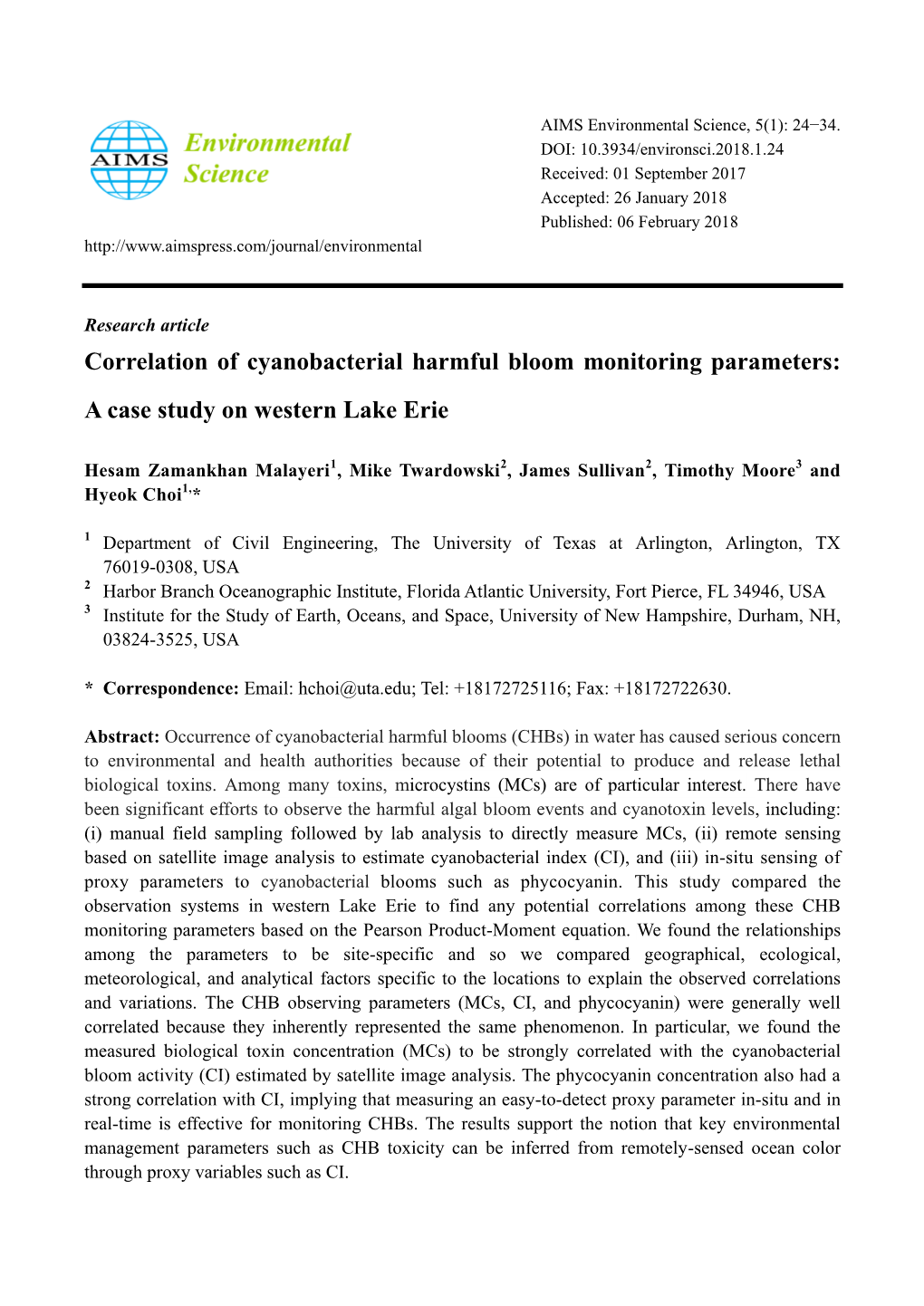 Correlation of Cyanobacterial Harmful Bloom Monitoring Parameters: a Case Study on Western Lake Erie