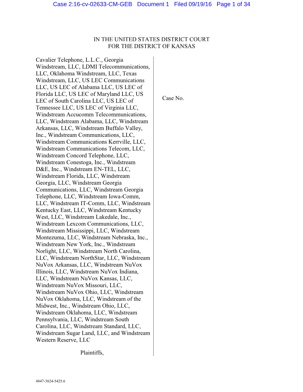 IN the UNITED STATES DISTRICT COURT for the DISTRICT of KANSAS Cavalier Telephone, L.L.C., Georgia Windstream, LLC, LDMI Telecom