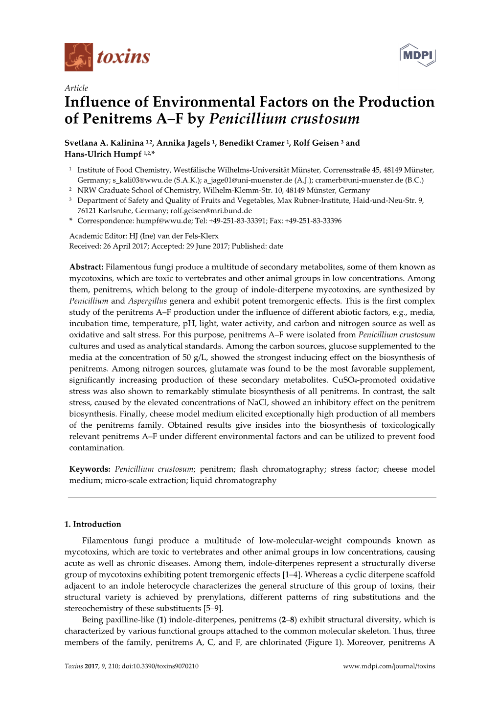 Influence of Environmental Factors on the Production of Penitrems A–F by Penicillium Crustosum