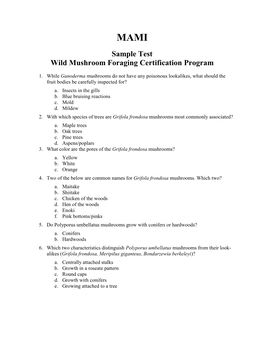 MAMI Sample Test Wild Mushroom Foraging Certification Program