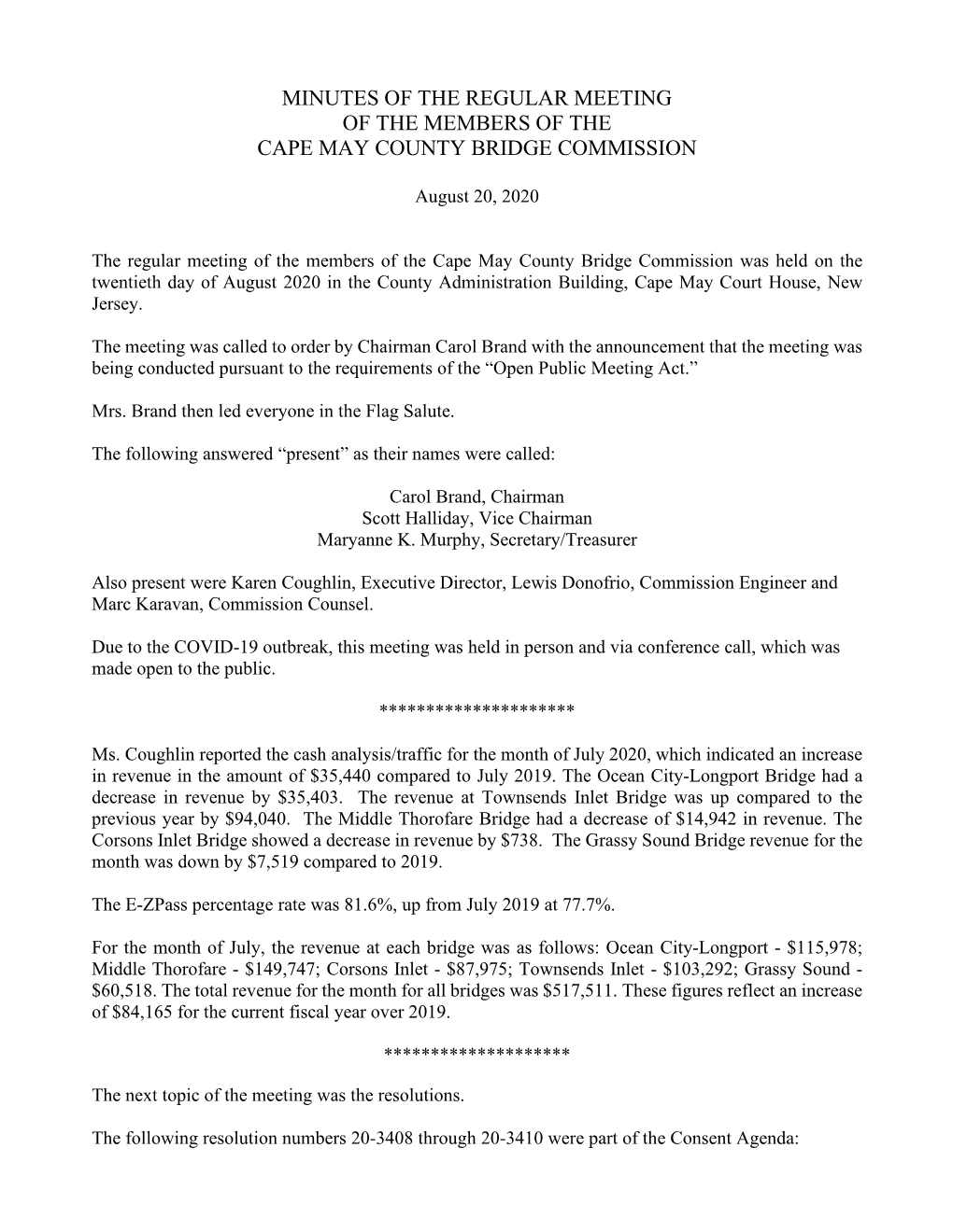 Minutes of the Regular Meeting of the Members of the Cape May County Bridge Commission