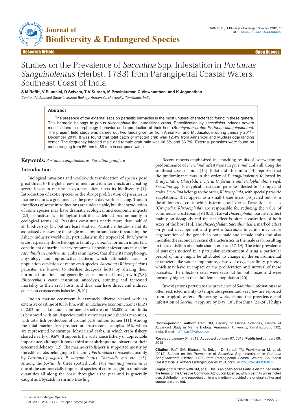 Studies on the Prevalence of Sacculina Spp. Infestation In