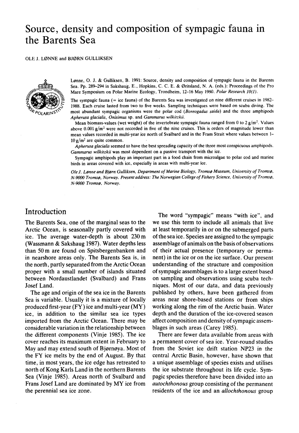 Source, Density and Composition of Sympagic Fauna in the Barents Sea