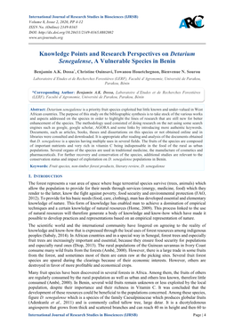 Knowledge Points and Research Perspectives on Detarium Senegalense, a Vulnerable Species in Benin