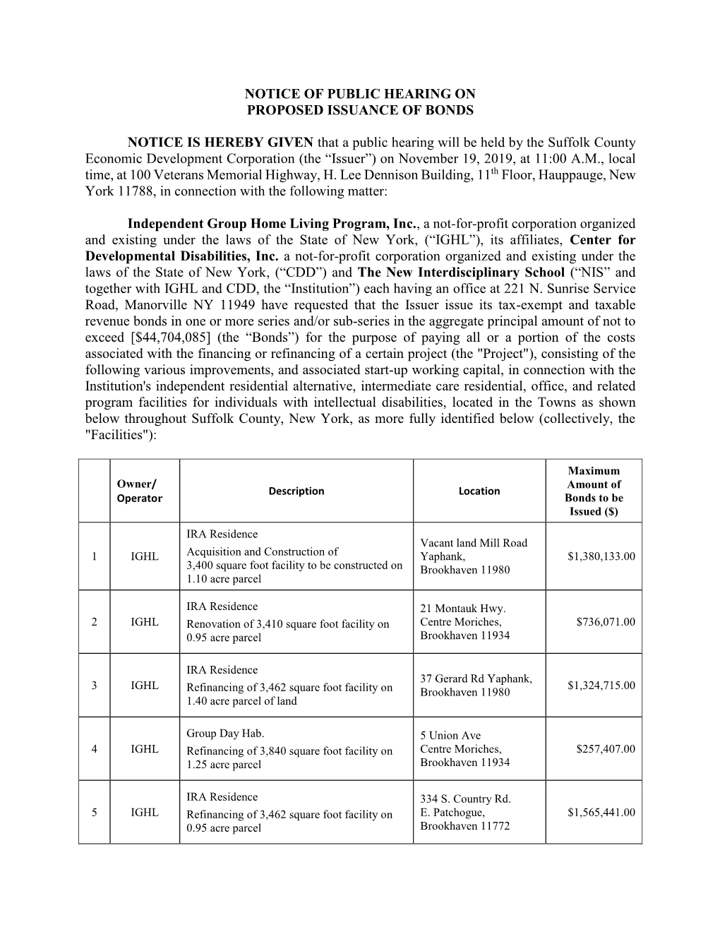 Notice of Public Hearing on Proposed Issuance of Bonds