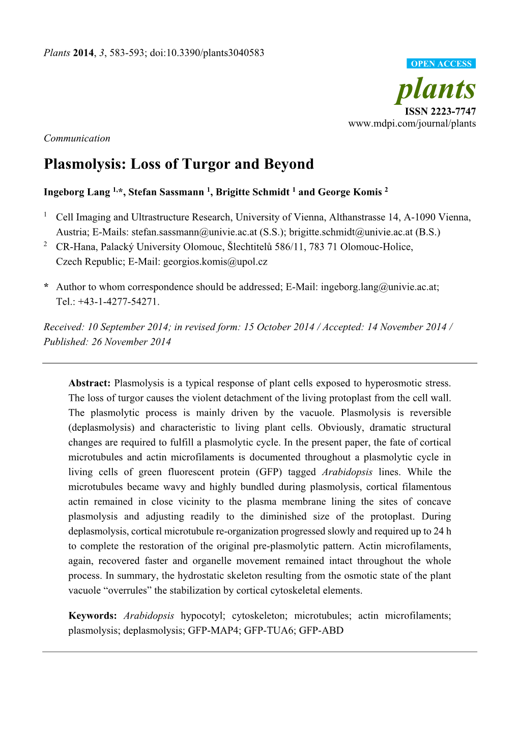 Plasmolysis: Loss of Turgor and Beyond