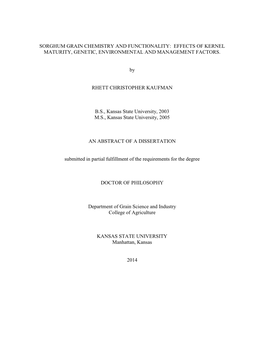 Sorghum Grain Chemistry and Functionality: Effects of Kernel Maturity, Genetic, Environmental and Management Factors