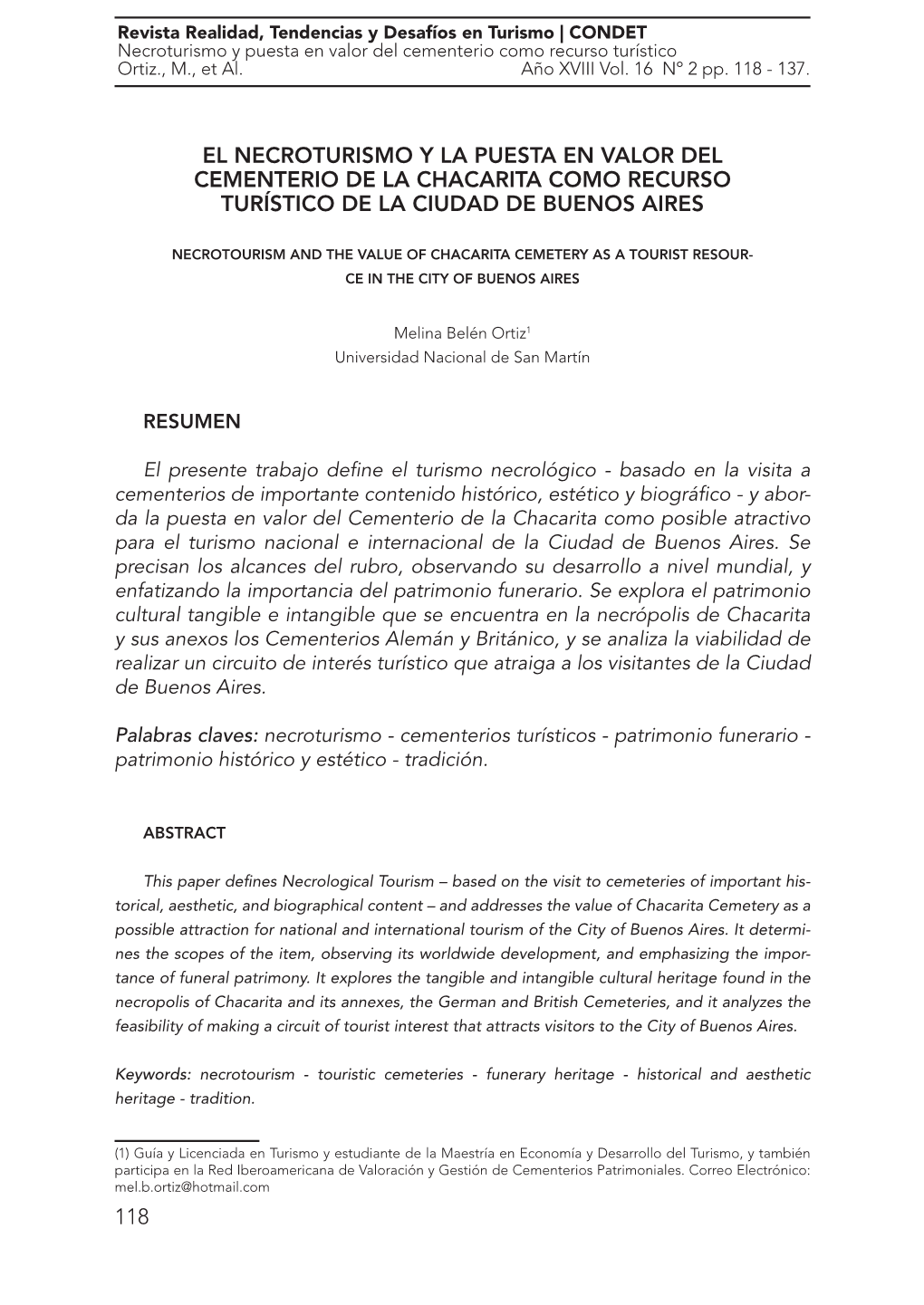 Revista Realidad, Tendencias Y Desafíos En Turismo | CONDET Necroturismo Y Puesta En Valor Del Cementerio Como Recurso Turístico Ortiz., M., Et Al