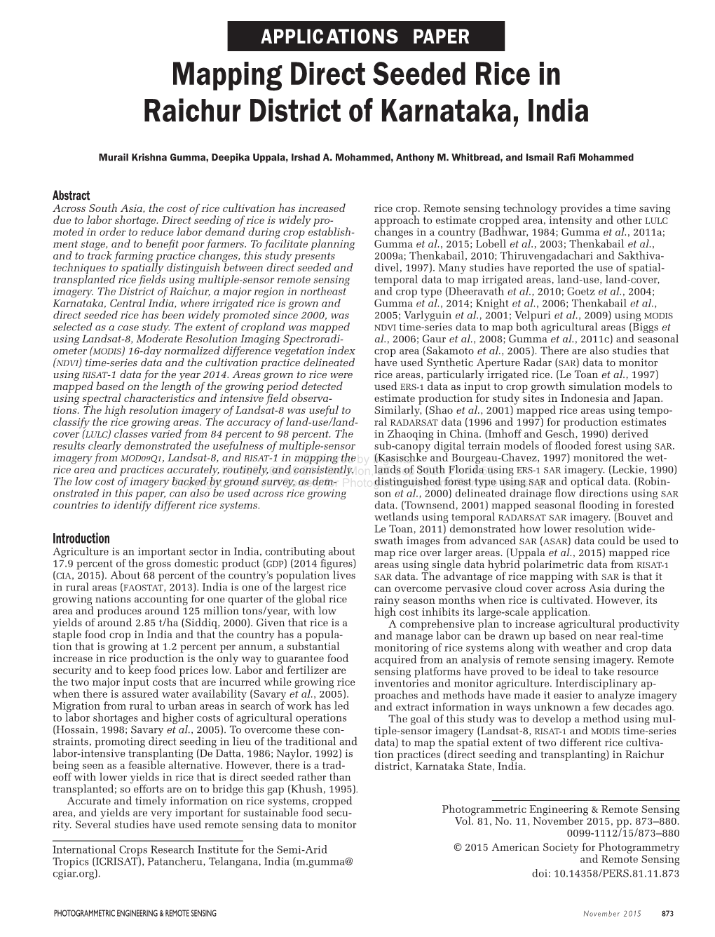 Mapping Direct Seeded Rice in Raichur District of Karnataka, India