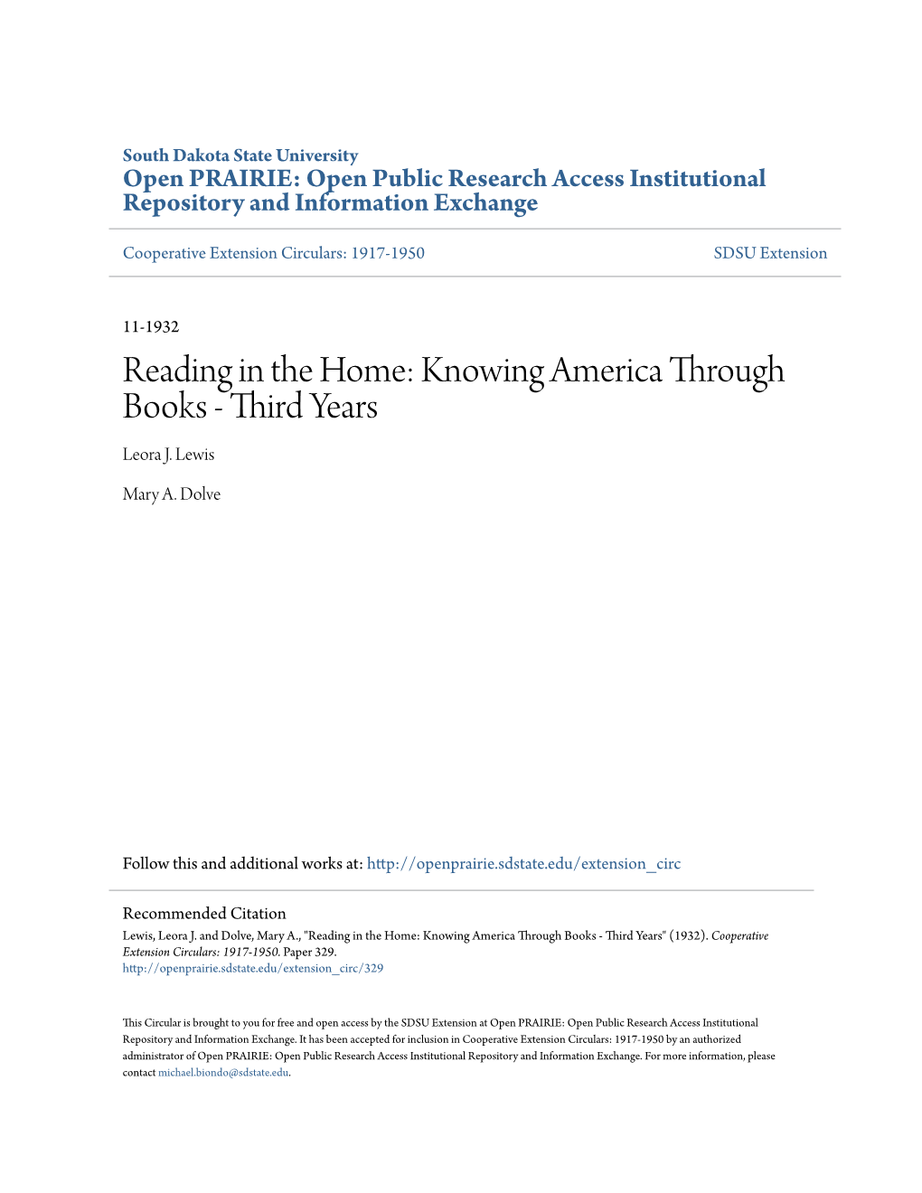 Knowing America Through Books - Third Years Leora J