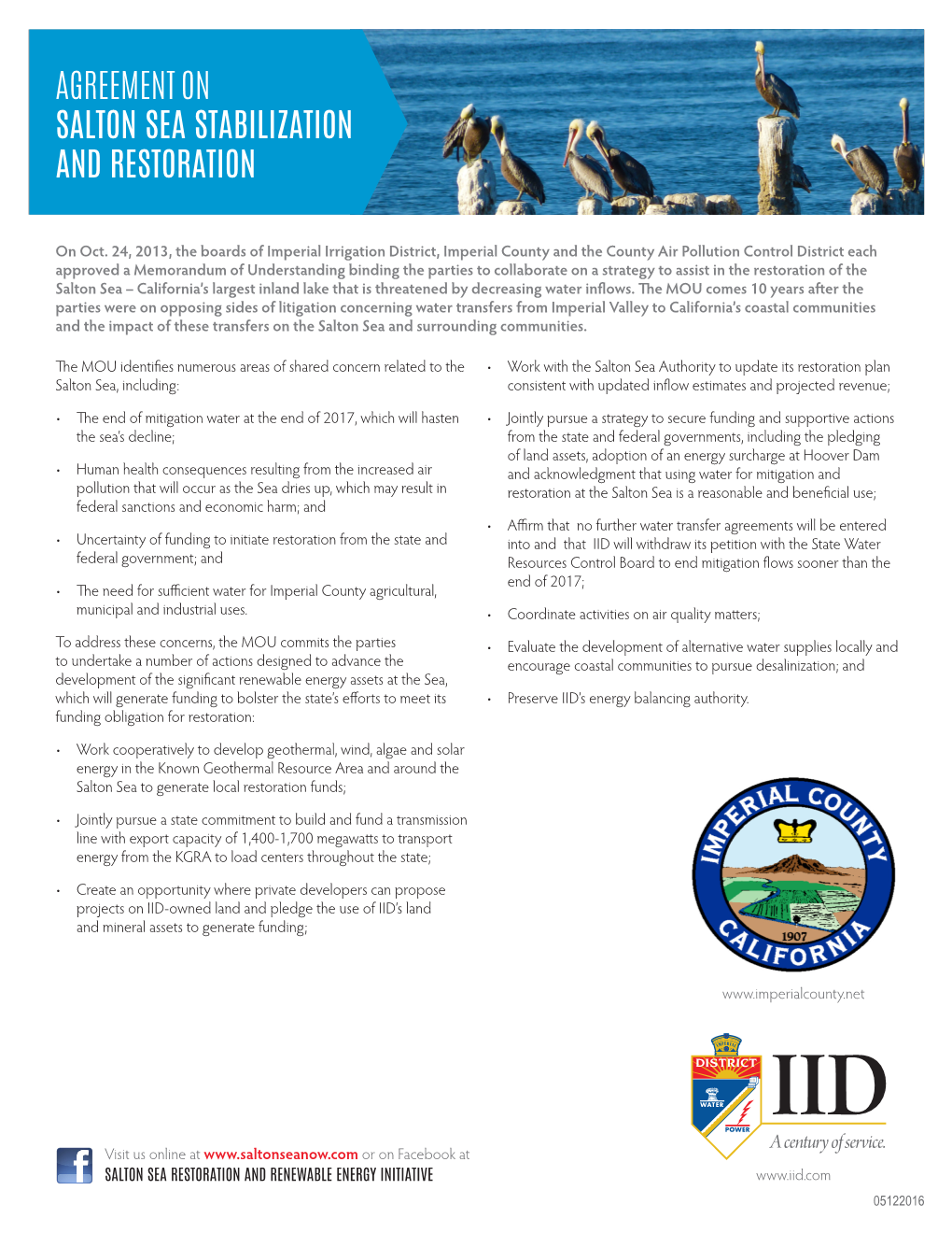 Agreement on Salton Sea Stabilization and Restoration