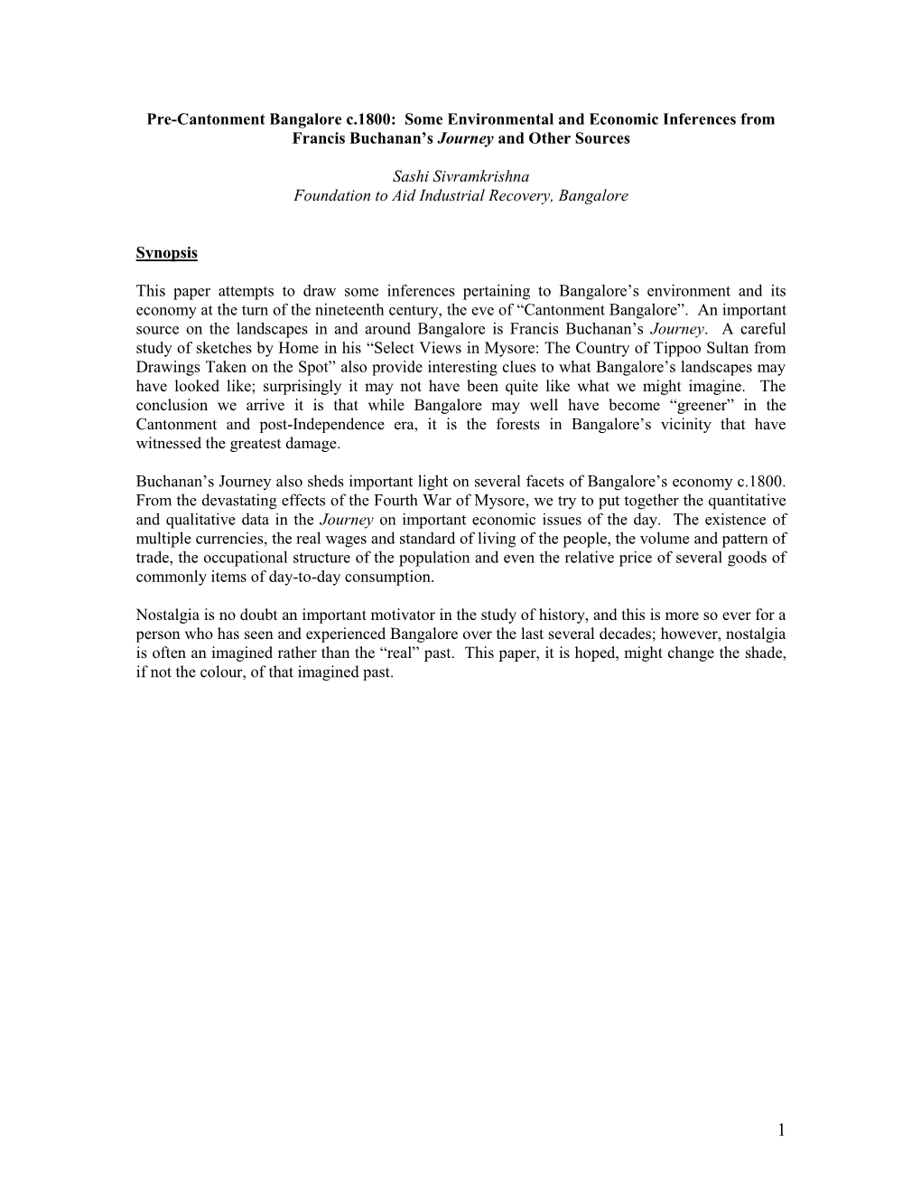 Pre-Cantonment Bangalore C.1800: Some Environmental and Economic Inferences from Francis Buchanan’S Journey and Other Sources