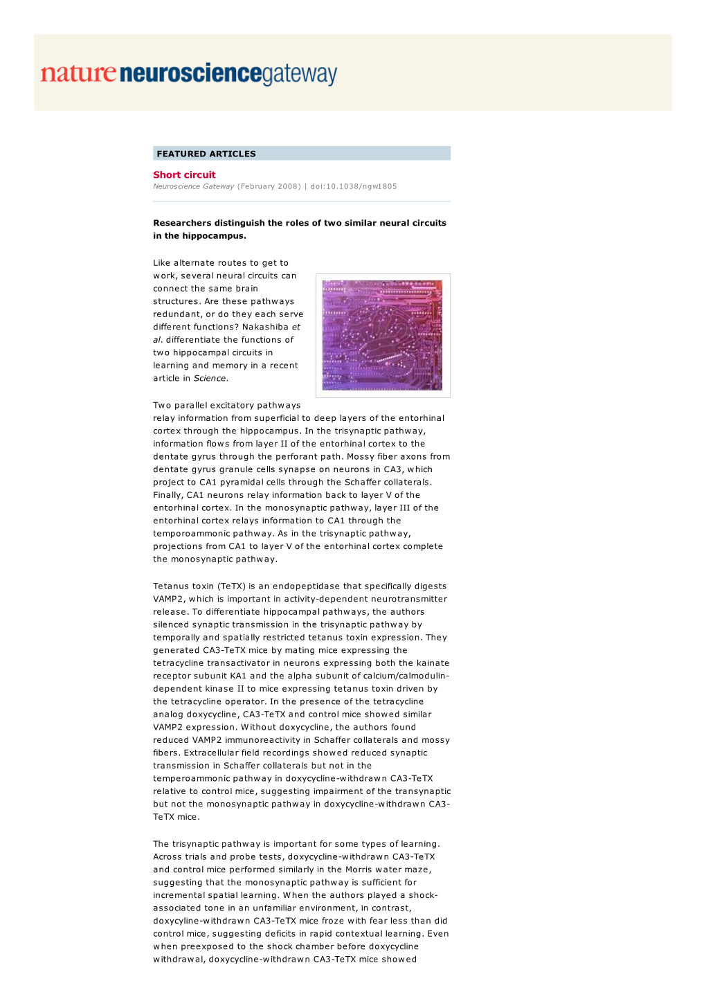 FEATURED ARTICLES Short Circuit Neuroscience Gateway (February 2008) | Doi:10.1038/Ngw1805