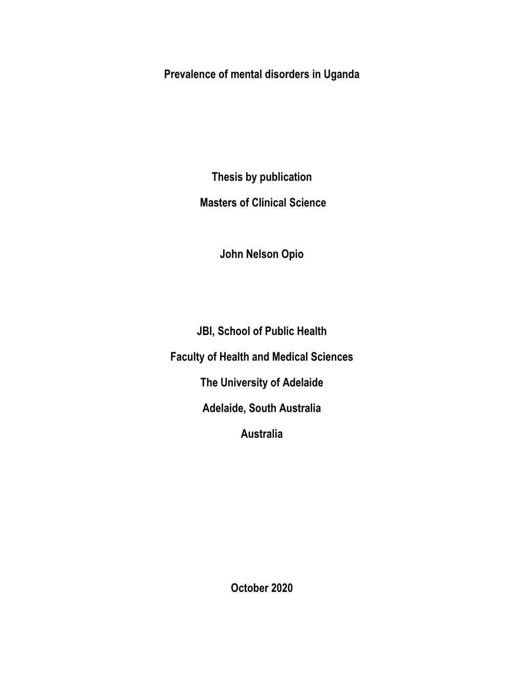 Prevalence of Mental Disorders in Uganda Thesis by Publication