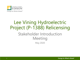 Lee Vining Hydroelectric Project (P-1388) Relicensing Stakeholder Introduction Meeting May 2020