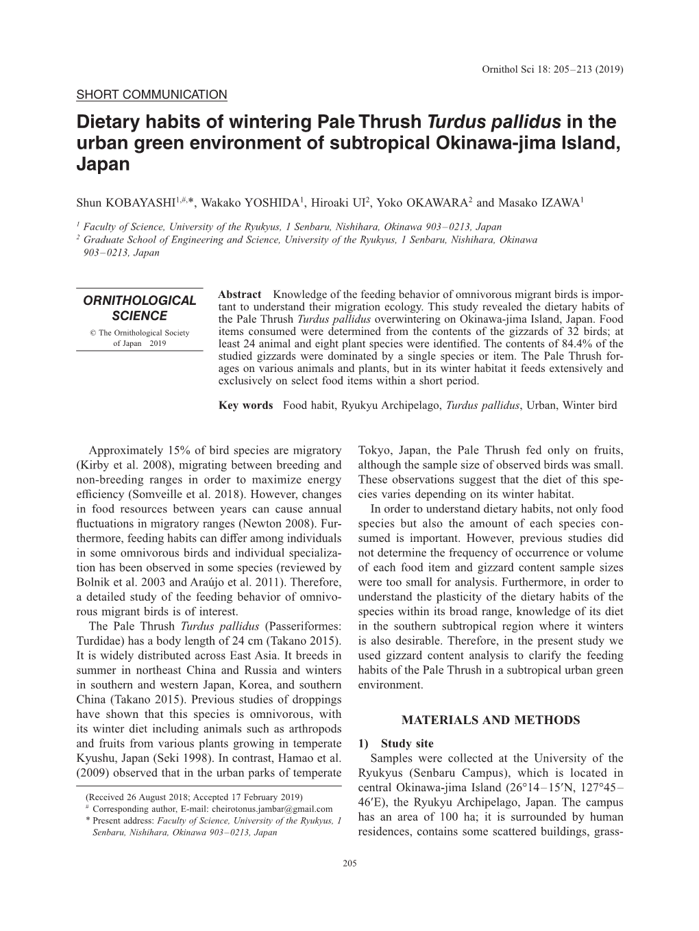 Dietary Habits of Wintering Pale Thrush Turdus Pallidus in the Urban Green Environment of Subtropical Okinawa-Jima Island, Japan