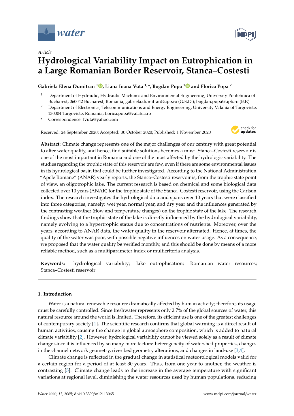 Hydrological Variability Impact on Eutrophication in a Large Romanian Border Reservoir, Stanca–Costesti