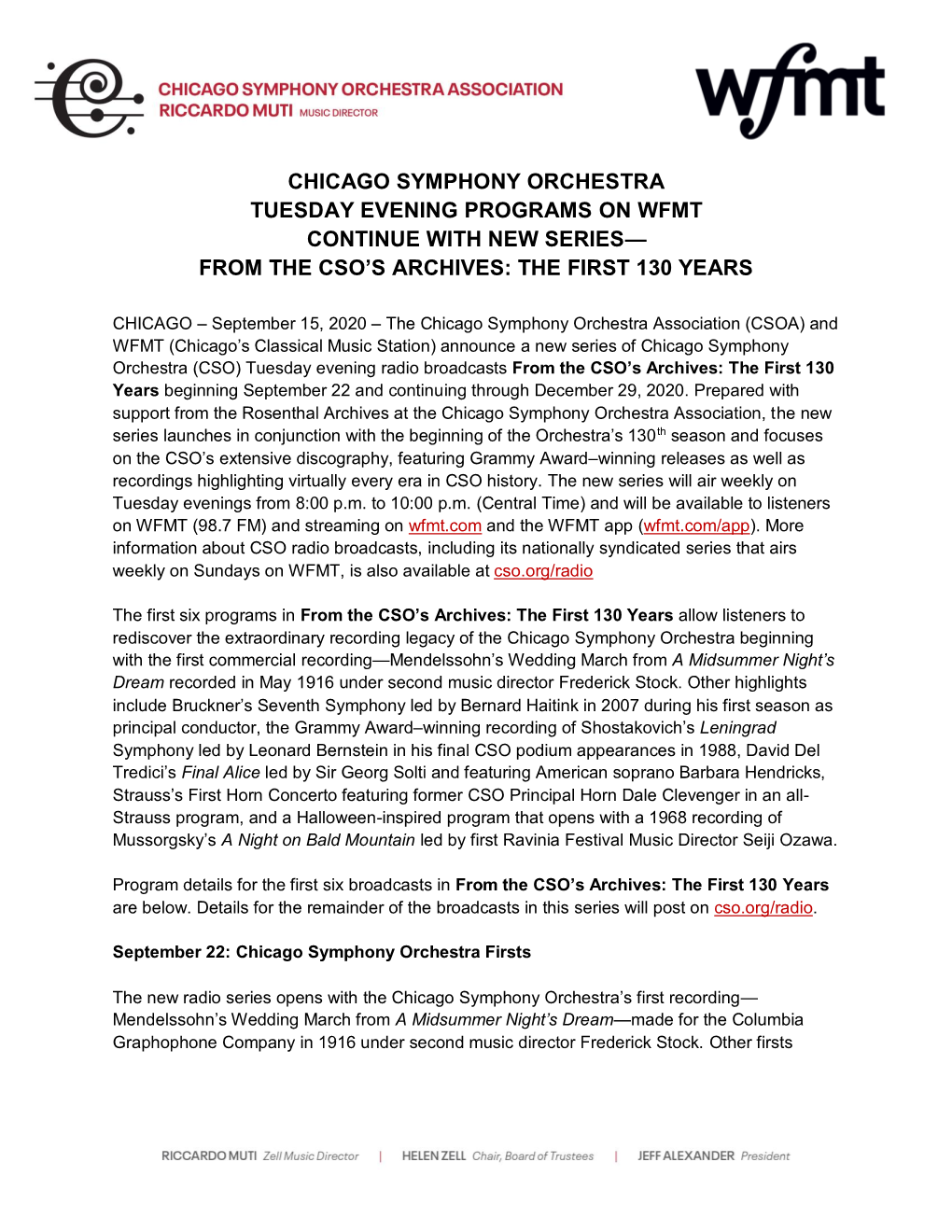 Chicago Symphony Orchestra Tuesday Evening Programs on Wfmt Continue with New Series— from the Cso's Archives: the First 13